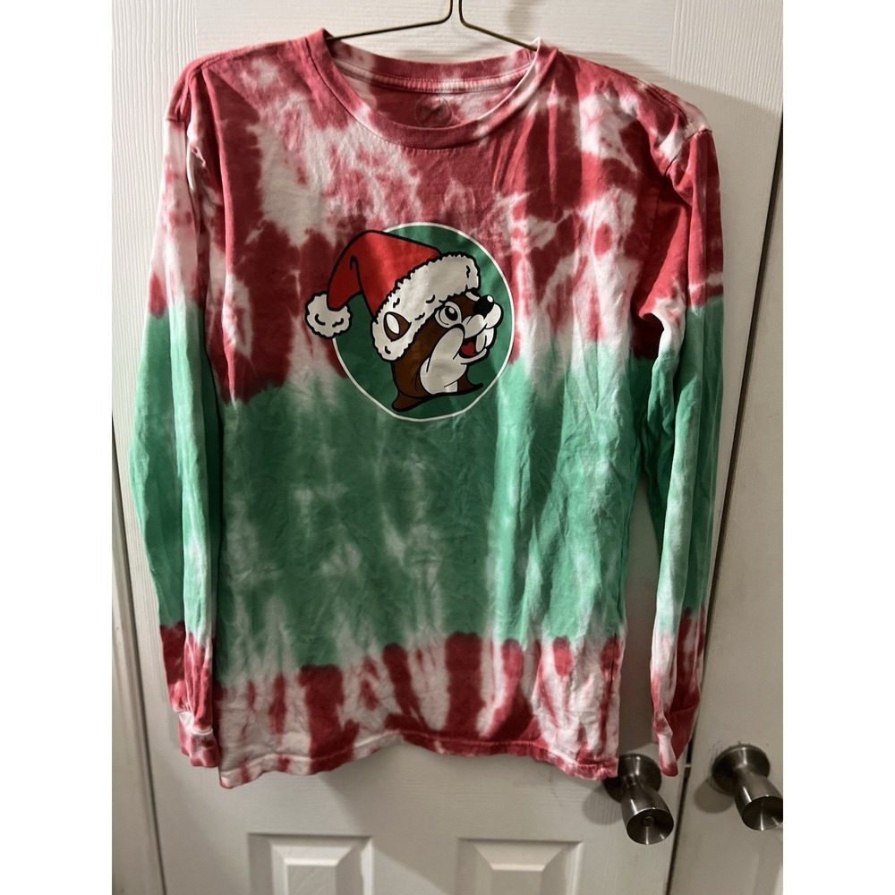 Buc-ees‎ Tee Shirt Adult Medium Red Tie Dye Long Sleeve Christmas Texas Beaver